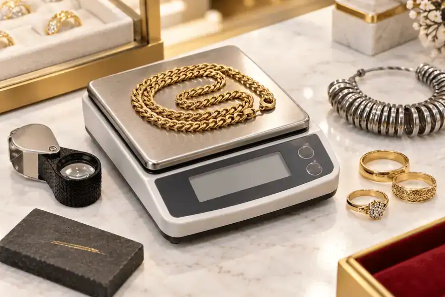 Gold chain and jewelry on digital scale at Cash Concepts Romford.